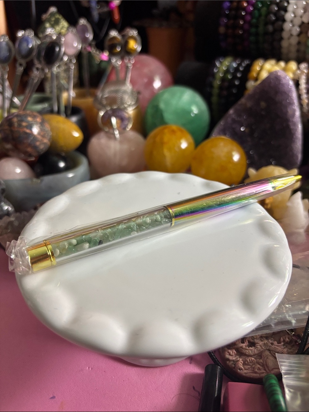 Iridescent Multi-Color Peridot Crystal Ballpoint Pen - Stylish Metallic Finish